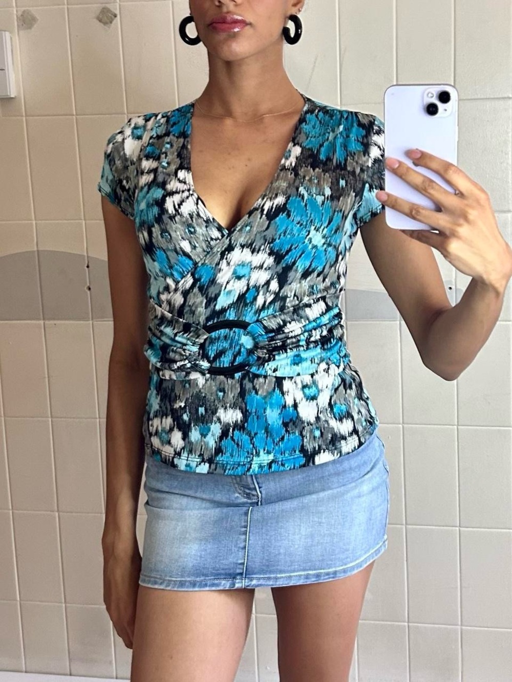 Y2K Blue Abstract Floral Ring-Detail Top